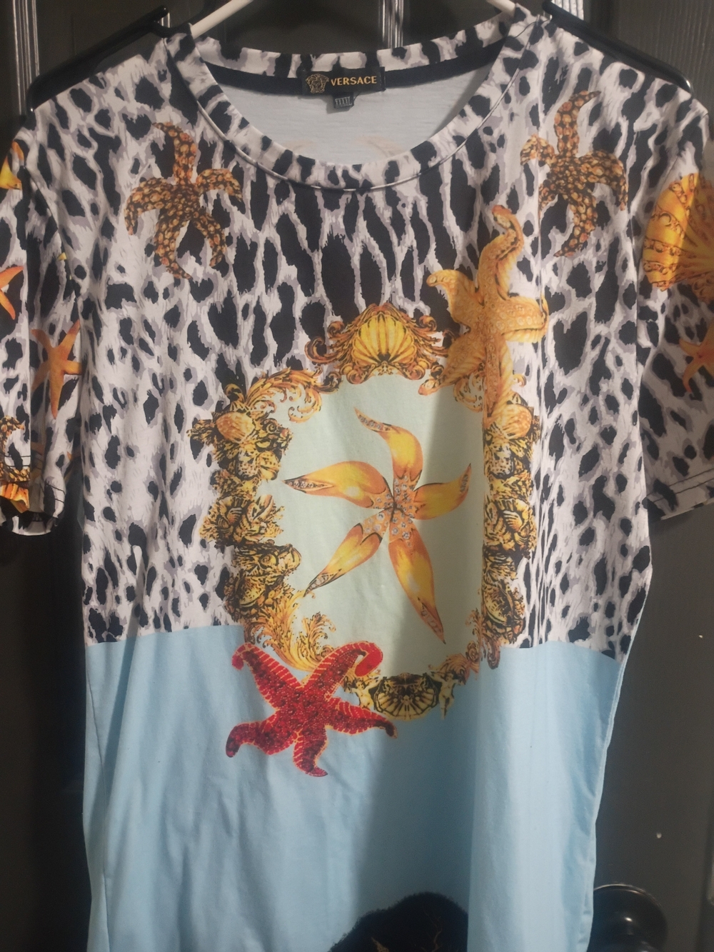 Versace Kids Yellow, Light Blue & Black Sea Star Print Short Sleeve Top